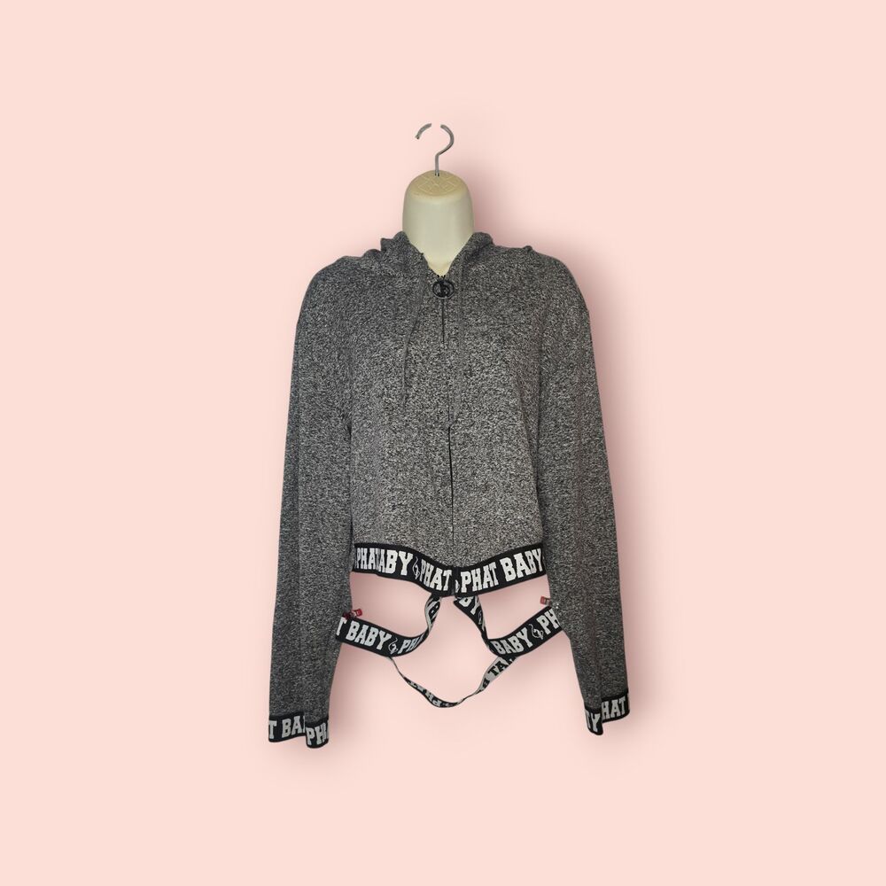 Baby Phat Gray Cropped Zip Hoodie w/ Logo Harness Straps Y2K Streetwear 3X